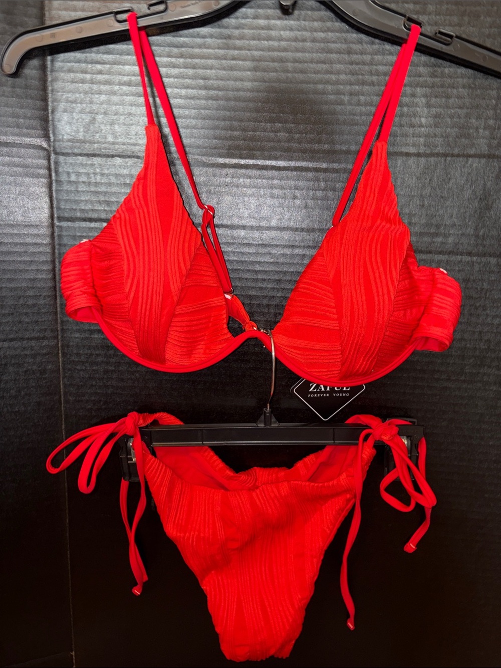 Zaful Bright Red Textured Tie-Side Bikini